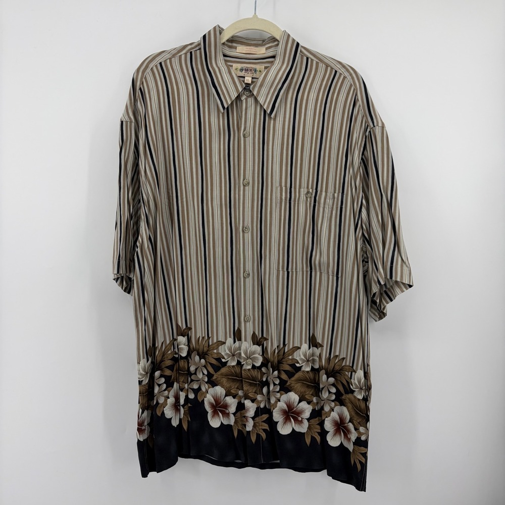 Campia Moda Mens XL Brown Striped Floral Rayon Short Sleeve‎ Button Down Shirt